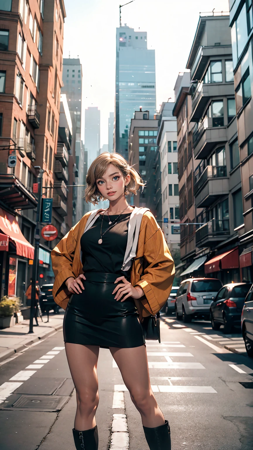 arslanaltan, 1girl, blonde hair, short hair, green eyes, dark skin, brown skin, hair ornament, t-shirt, bare shoulders, yoga pants, necklace, (Masterpiece, Best Quality, Highres:1.2), Detailed, Intricate Details, 4K, solo, cowboy shot, high rating, standing, city street, neon signs, crowd, night, stars, closed mouth, serious look, serious expression, looking at viewer,