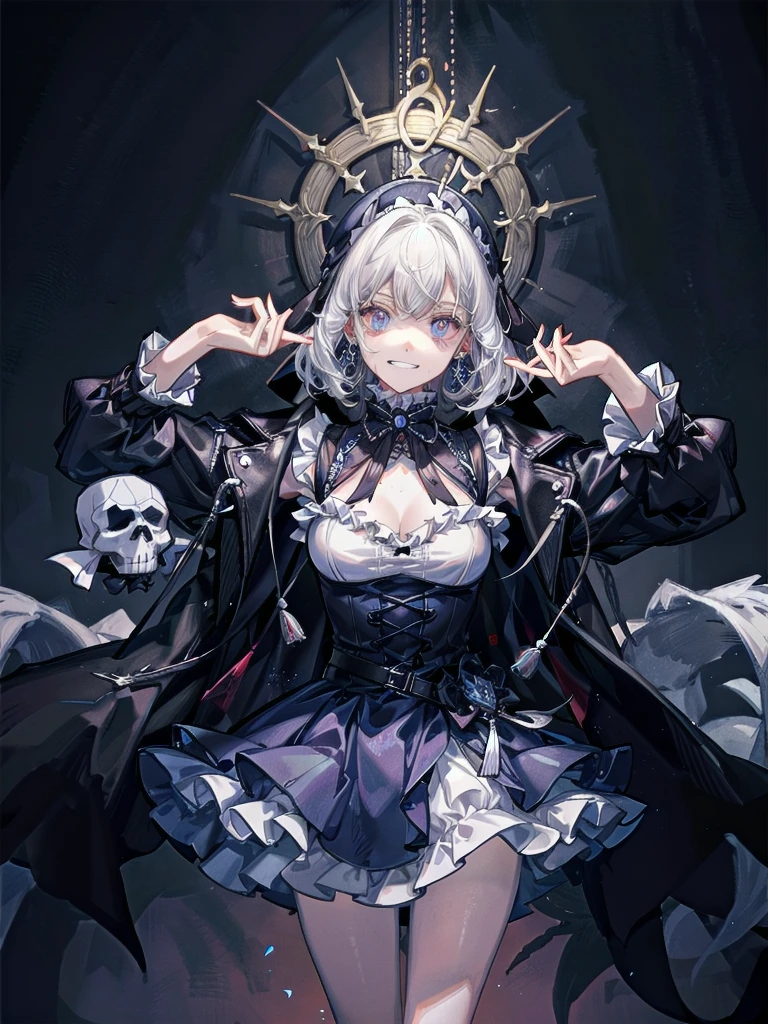 whole body, (inside basement), skirt, shirt, long sleeves, frills, evil grin, creepy, skull, (candles), hair ornament, dolls, tapestry, horror theme, absurdres, RAW photo, extremely delicate and beautiful, masterpiece, Best Quality, ultra high resolution, 32k, hyperrealistic, ultra-detailed, detailed description, pale skin, 20 years old, tearful mole, earring, Colossal tits, short medium hair, wavy hair,