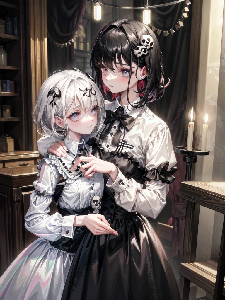 whole body, (inside basement), skirt, shirt, long sleeves, frills, evil grin, creepy, skull, (candles), hair ornament, dolls, tapestry, horror theme, absurdres, RAW photo, extremely delicate and beautiful, masterpiece, Best Quality, ultra high resolution, 32k, hyperrealistic, ultra-detailed, detailed description, pale skin, 20 years old, tearful mole, earring, Colossal tits, short medium hair, wavy hair,