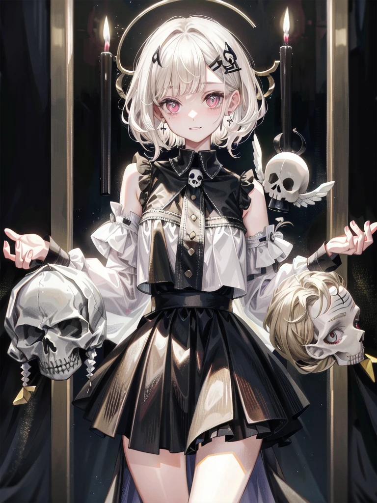 whole body, (inside basement), skirt, shirt, long sleeves, frills, evil grin, creepy, skull, (candles), hair ornament, dolls, tapestry, horror theme, absurdres, RAW photo, extremely delicate and beautiful, masterpiece, Best Quality, ultra high resolution, 32k, hyperrealistic, ultra-detailed, detailed description, pale skin, 20 years old, tearful mole, earring, Colossal tits, short medium hair, wavy hair,