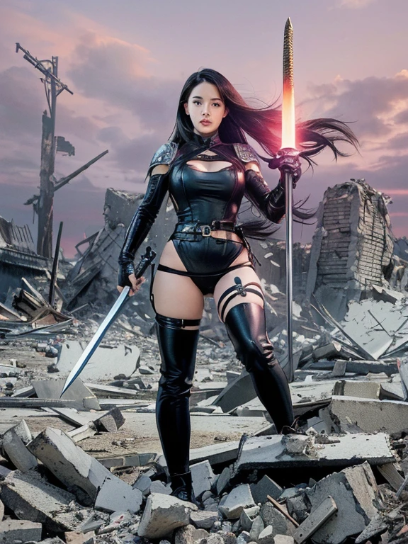 a woman in a black outfit holding a sword and standing in a pile of rubble, psylocke, frank cho comic art, background of stone and building rubbles, destroyed buildings
