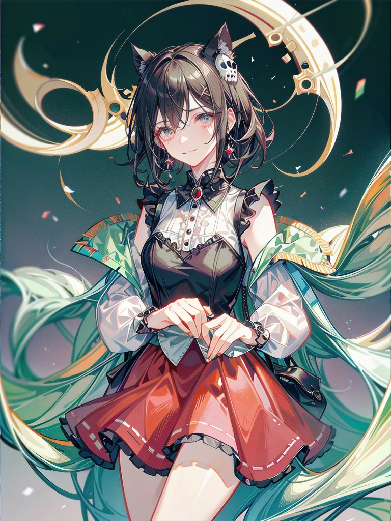 whole body, (inside basement), skirt, shirt, long sleeves, frills, evil grin, creepy, skull, (candles), hair ornament, dolls, tapestry, horror theme, absurdres, RAW photo, extremely delicate and beautiful, masterpiece, Best Quality, ultra high resolution, 32k, hyperrealistic, ultra-detailed, detailed description, pale skin, 20 years old, tearful mole, earring, Colossal tits, short medium hair, wavy hair,