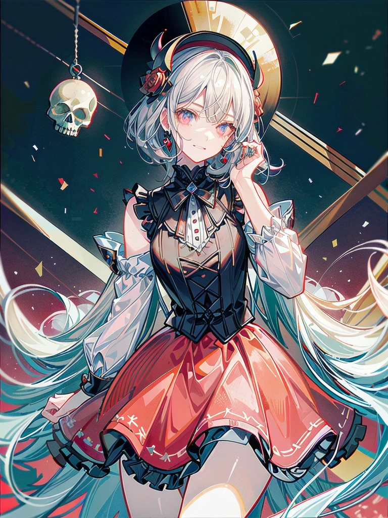 whole body, (inside basement), skirt, shirt, long sleeves, frills, evil grin, creepy, skull, (candles), hair ornament, dolls, tapestry, horror theme, absurdres, RAW photo, extremely delicate and beautiful, masterpiece, Best Quality, ultra high resolution, 32k, hyperrealistic, ultra-detailed, detailed description, pale skin, 20 years old, tearful mole, earring, Colossal tits, short medium hair, wavy hair,