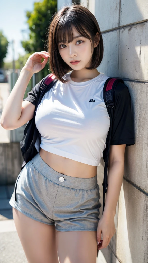 muste piece, best quality, illustration, Super detailed, fine details, High resolution, 8K,wall paper, perfect dynamic composition,(Details High quality, realistic depiction of eyes:1.3), oversized sport shirt, shorts women, small backpack, short bob hair, black hair color, Big Natural Color Lip, sexy pose, crying a little、cold gaze, Harajuku style、20 year old girl、cute type、lolita, hposing Gravure Idol, full body photo、focus on crotch, huge breasts