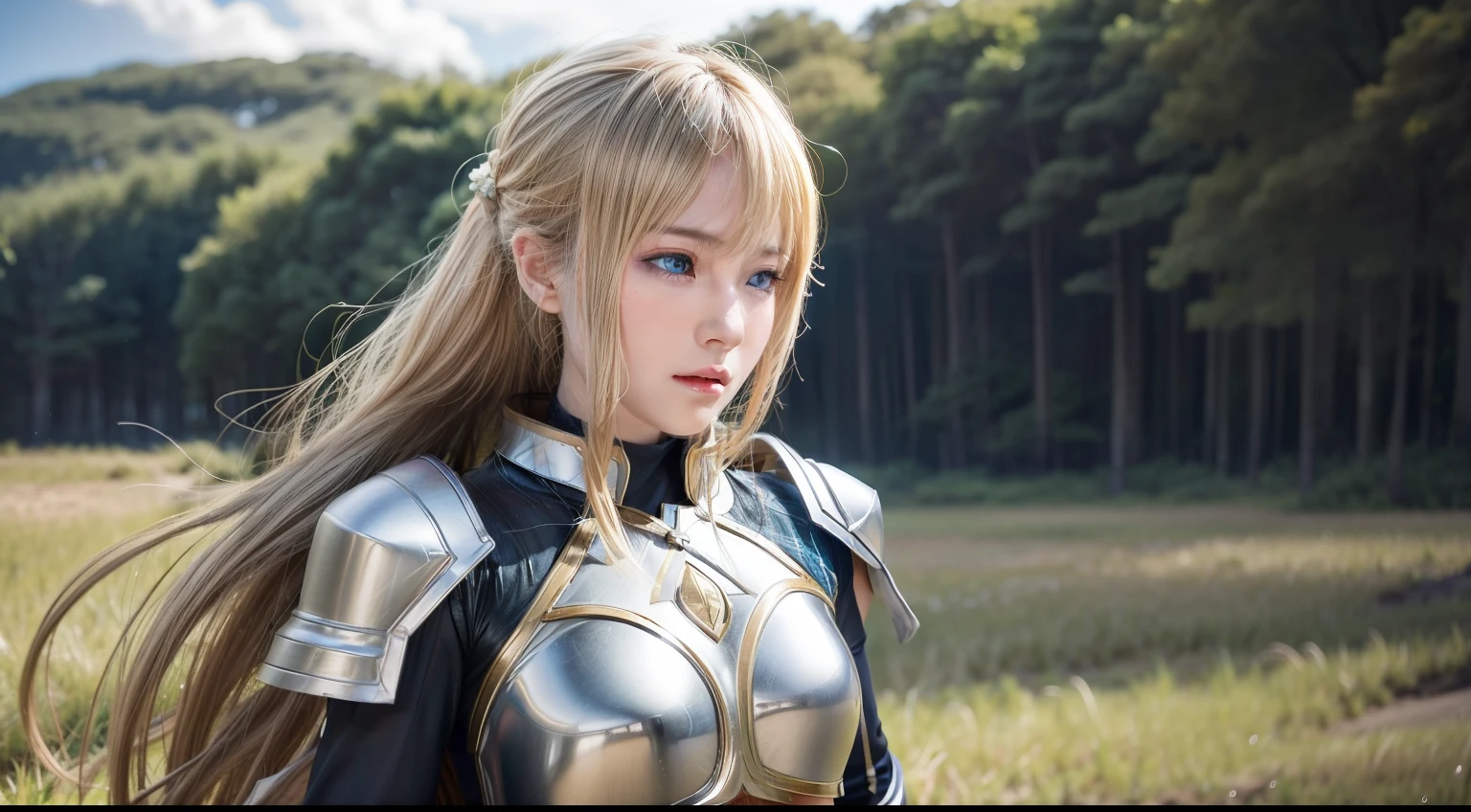 "Step into the world of Konosuba and envision a realistic portrayal of Lalatina, better known as Darkness. Imagine her standing amidst a vast, open field, the golden hues of the sunset casting a warm glow upon her armor-clad figure. Her posture is upright, yet there's a subtle tension in her stance, hinting at a readiness for battle. The intricate details of her armor catch the light, reflecting a sense of resilience and strength. But it's her eyes that draw you in – deep pools of determination, tinged with a hint of vulnerability. As the wind tousles her hair, strands of it dance gently around her face, framing features that speak of both nobility and earnestness. Despite the armor, there's a softness to her expression, a kindness that belies her warrior exterior. In the distance, the faint sounds of nature mingle with the rustle of leaves, creating a serene backdrop to this moment of introspection. You can almost feel the weight of her convictions, the inner conflict between duty and desire, as she gazes into the horizon with unwavering resolve. This portrayal captures Lalatina in a raw, authentic light, transcending the boundaries of animation to evoke a sense of realism and depth to her character." beatiful girl, perfect body, perfect face, perfect eyes, super fine body, super fine eyes, super fine face, perfect mouth, super fine mouth, blonde, blue eyes