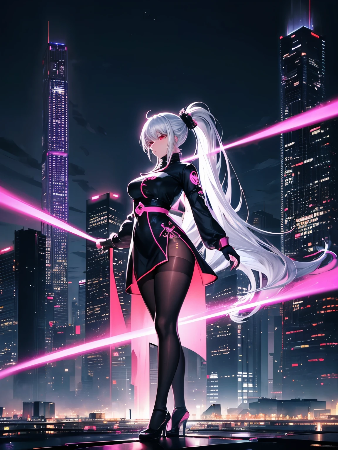 anime, (artwork, best quality, ultra-detailed, high contrast), 1 woman (Alone, full body, plus size body, standing on the edge of the skyscraper, silver hair, LONG In a ponytail, red eyes ruby sparkles, (simple black qipao, black cybernetics with neon pink), transparent black socks), (skyscraper roof, overlooking a city, detailed background ((night time, Darkness, low light pollution)))