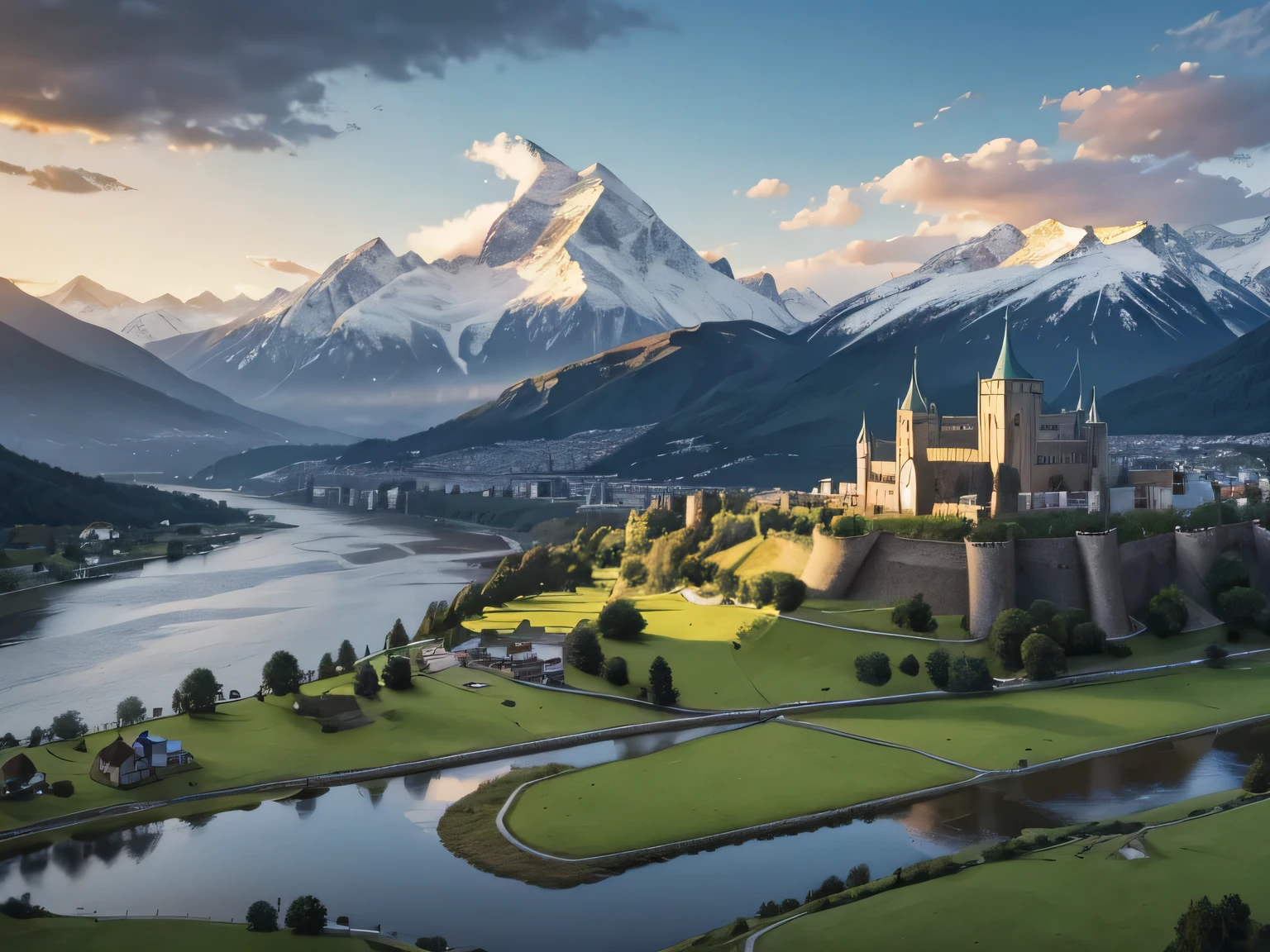 an old medieval city with a green grass field, with the citizen's houses, alongside with the royal castle nearby a wide river and no bridges, and a view of a snowy mountain from afar