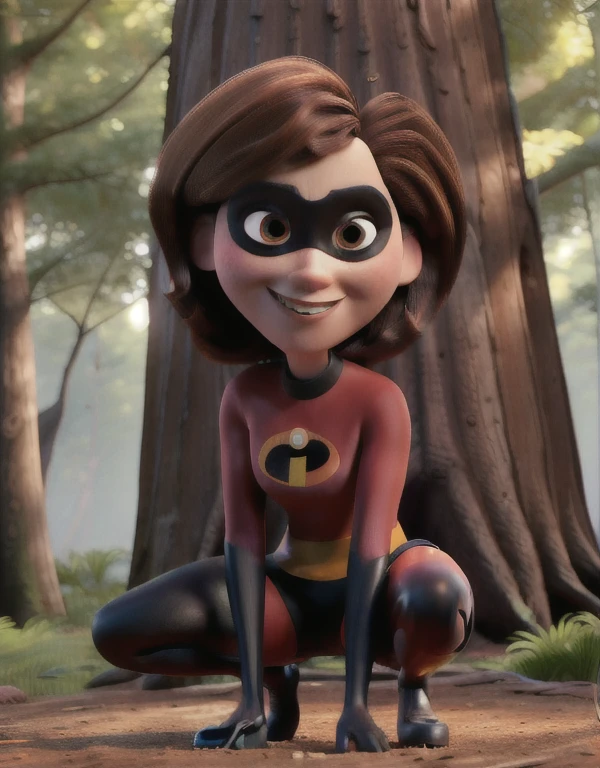 ((best quality)), ((highly detailed)), colourful, masterpiece, absurdres, (detailed eyes, deep eyes), (1girl), upper body}, helenparr, brown hair, brown eyes, smiling, domino mask, mask, bodysuit, black elbow gloves, thighhighs, thigh boots, (outdoors, in a pine_tree forest, morning), squatting, Under view, lean back,