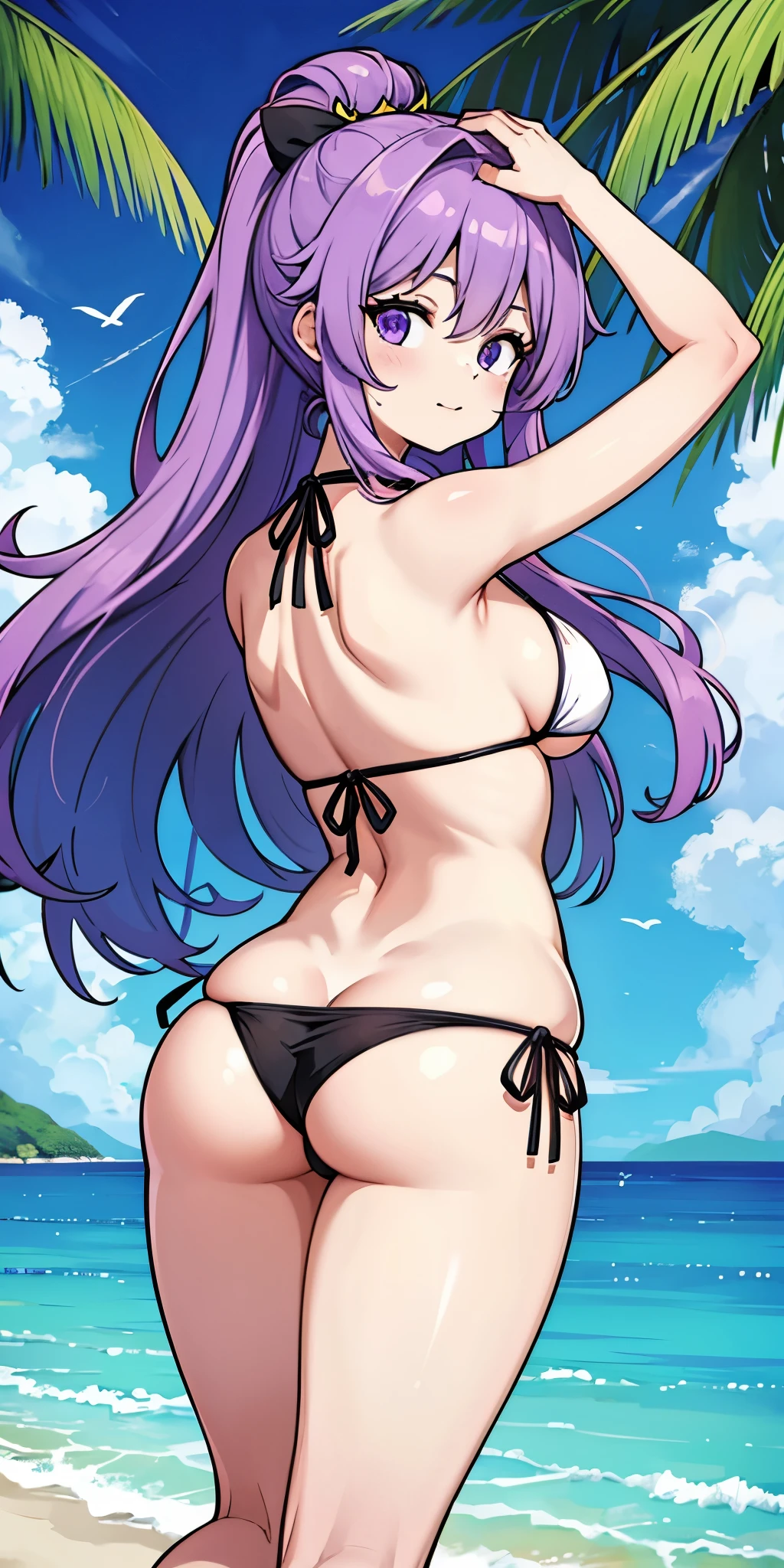 cheveux violets, style à le personnage Crunchyroll, with white bottom in bikini is seen on her last with a big butt