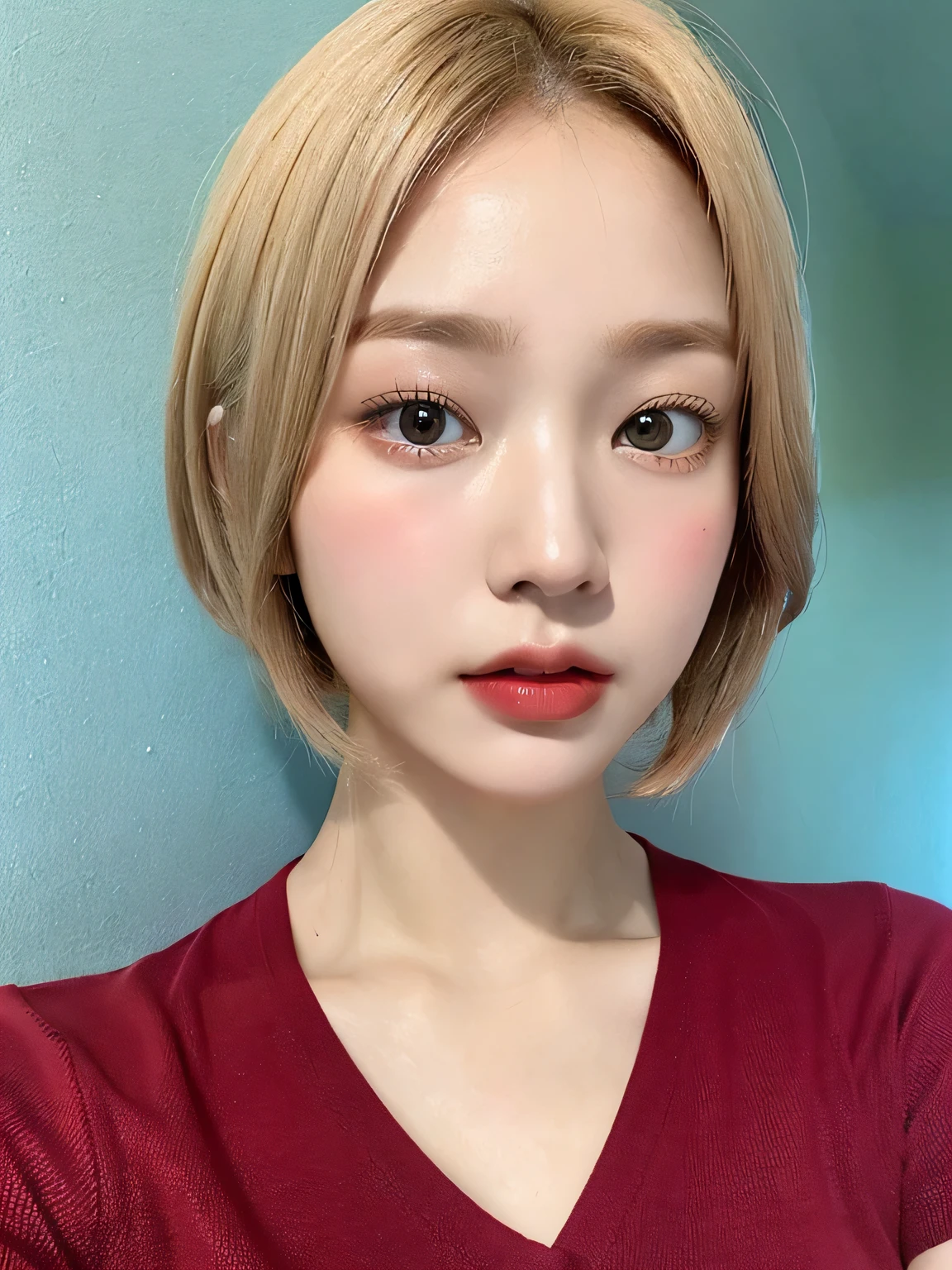 one person、Blonde、whole body photos、Red polo shirt、Cleavage、Green mini skirt、fun、Blonde、、whole body、slender、woman、White drool coming out of the mouth、Short hair, fair skin,Super cute、Soft and Face、Brown Hair、8k resolution、Surreal、Ultra high definition、 Soft Body、A-cup small breasts（（Highest resolution、8k、masterpiece：1.3））、Ultra-fine face、Ultra Fine Lips、Beautiful Eyes、double eyelid,Slender figure、I can see your thighs、Shapely small breasts、Light blue wall