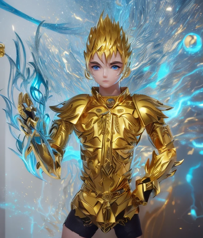 Un ragazzo con un armatura completamente d oro, con bellissimi fregi con forma di fiamme, al centro del petto un fregio a forma di spada sacra, capelli biondi a spazzola, 20 anni, fiamme blu intorno al braccio, (((ultra foto realistico, 4K,UHD, fotografia nobel, texture della pelle, texture capelli, texture oro)))