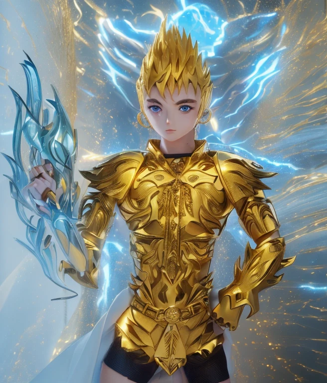 Un ragazzo con un armatura completamente d oro, con bellissimi fregi con forma di fiamme, al centro del petto un fregio a forma di spada sacra, capelli biondi a spazzola, 20 anni, fiamme blu intorno al braccio, (((ultra foto realistico, 4K,UHD, fotografia nobel, texture della pelle, texture capelli, texture oro)))