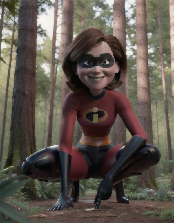 ((best quality)), ((highly detailed)), colourful, masterpiece, absurdres, (detailed eyes, deep eyes), (1girl), upper body}, helenparr, brown hair, brown eyes, smiling, domino mask, mask, bodysuit, black elbow gloves, thighhighs, thigh boots, (outdoors, in a pine_tree forest, morning), squatting, Under view, lean back,