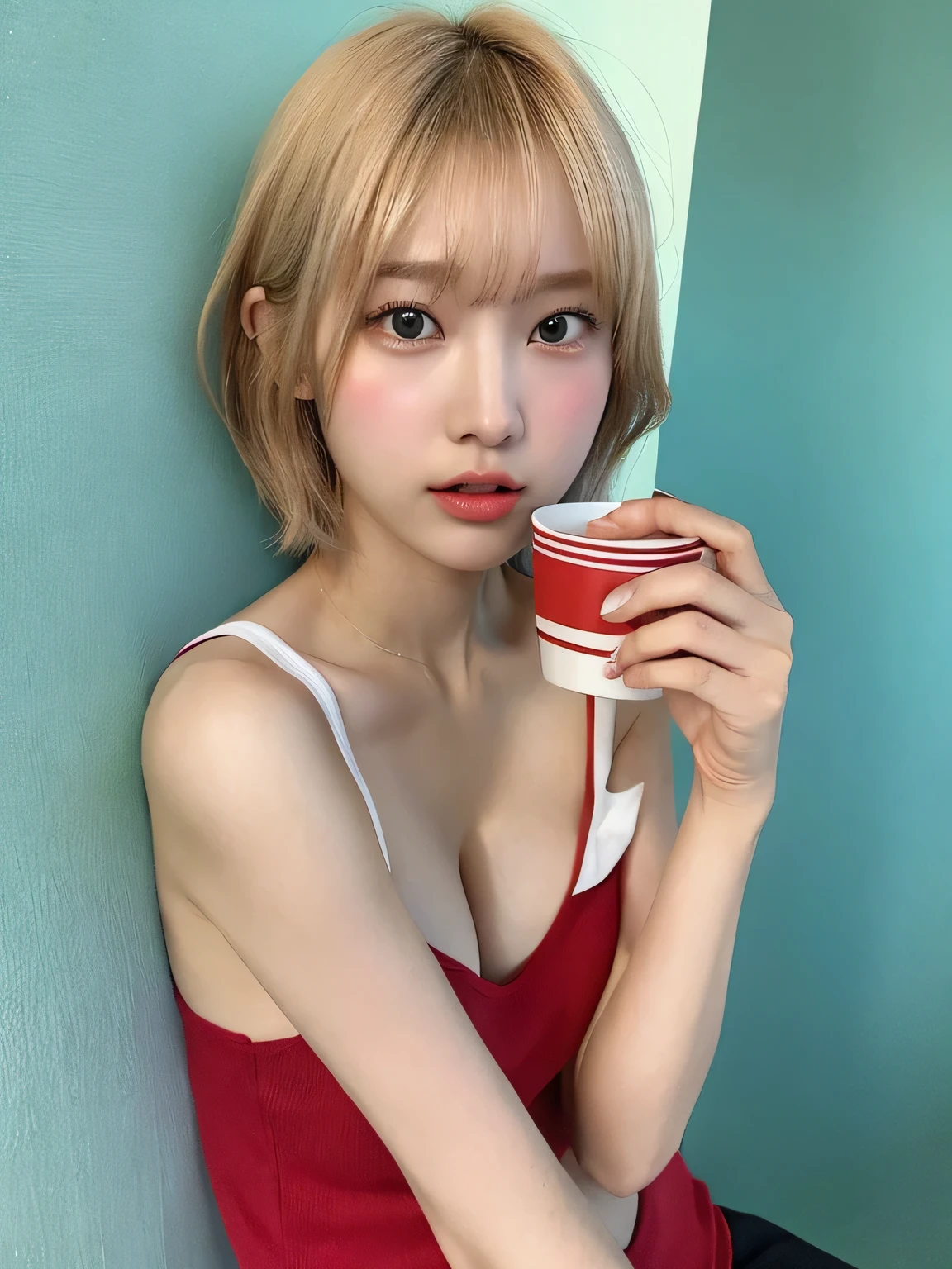 one person、Blonde、whole body photos、Red polo shirt、Cleavage、Green mini skirt、fun、Blonde、、whole body、slender、woman、White drool coming out of the mouth、Short hair, fair skin,Super cute、Soft and Face、Brown Hair、8k resolution、Surreal、Ultra high definition、 Soft Body、A-cup small breasts((Highest resolution、8k、masterpiece:1.3))、Ultra-fine face、Ultra Fine Lips、Beautiful Eyes、double eyelid,Slender figure、I can see your thighs、Shapely small breasts、Light blue wall
