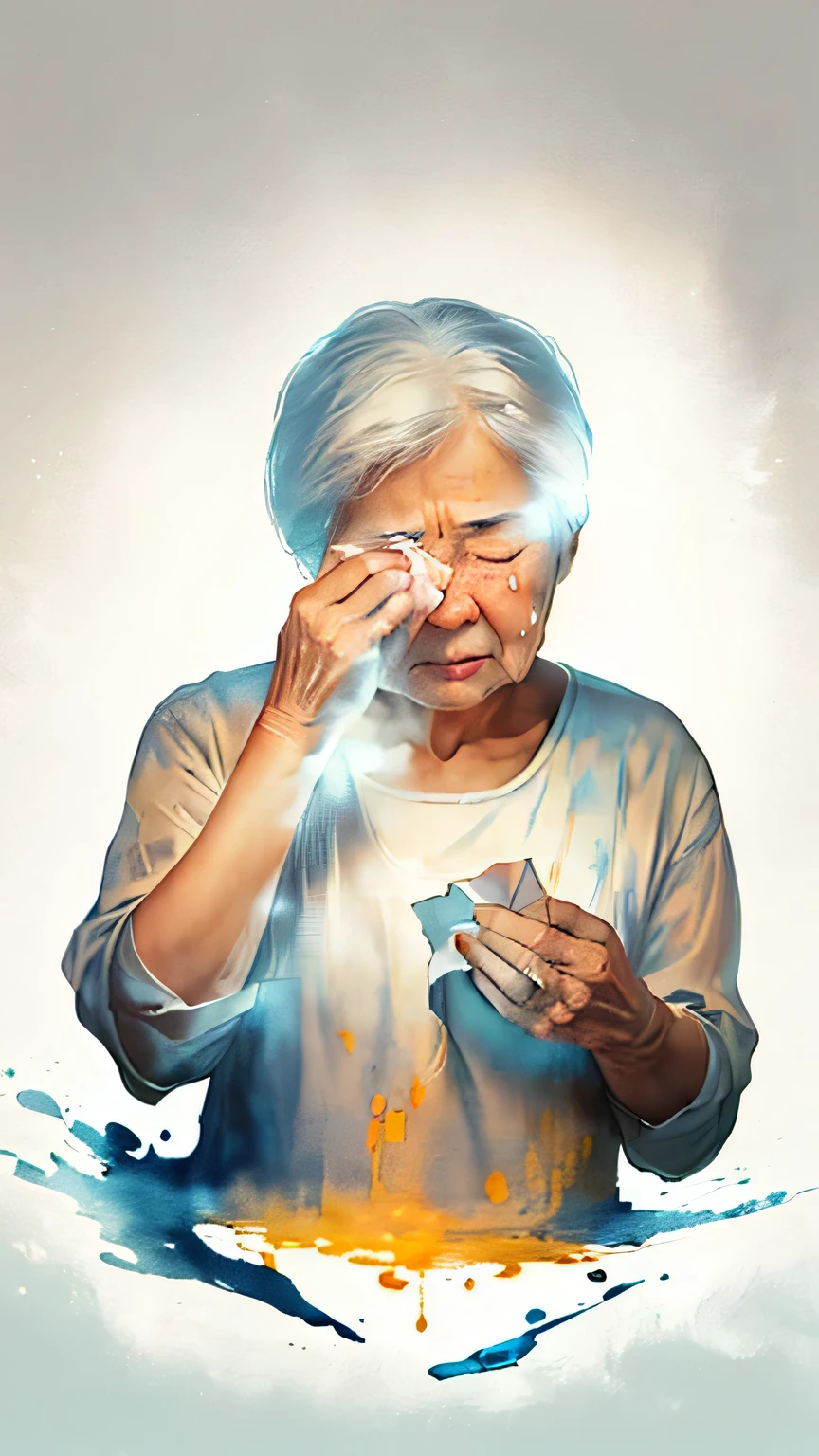 There is a painting,The painting shows a middle-aged Asian woman covering her eyes with her hands, Woman cry, People cry, Hand drawn illustration, crying one single Tears, sad, crying many Tearss, crying Tearss, Cry and vomit, Old woman, Tearss dripping from the eyes, Tears, Older women, cry, Beautiful portrait of a desperate man, Tearss drip from the eyes, An old man, Light background, Solid color background, Monotonous background