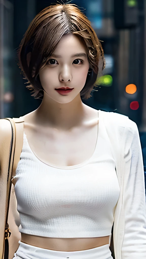 highest quality,High resolution,In the city,White blouse,mini skirt,Beautiful breasts,The whole body was photographed,Shiny,Short Hair,
