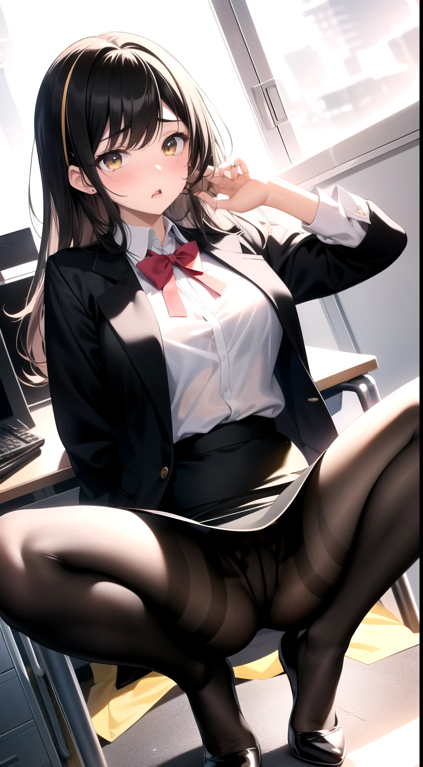 1girl, magical girl, panties,skirtlift,((upskirt)),((pantyshot)),(yellow panty),((Small panties)),((Thin panties)),(((See-through panties))),(((black pantyhose))),white race panty, ,Are crying,Anguished expression、Embarrassed look,8k,Realistic、Anime illustration,CG、masterpiece, best quality, 1 girl, solo, large breasts, office staff suit, jacket, pencil skirt, panties under black pantyhose, (show off panties:1.1), embarrassed, spread legs, sitting, office、Falling and spreading his legs、