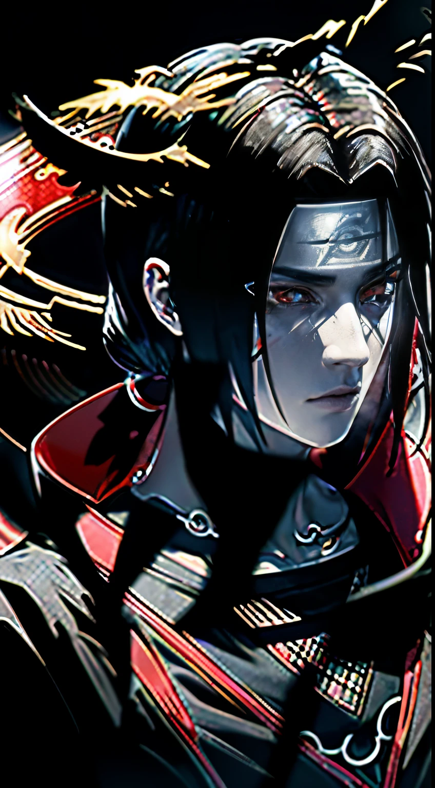 Uchiha Itachi in high resolution, com textura granulada sutil (1.2), enveloped in black smoke. Destacam-se seus cabelos longos e pretos, olhos vermelhos Sharingan brilhantes, e uma capa de gola alta. Ele ostenta joias e um colar, simbolizando seu status. Ao seu redor, the mystical transformation is evident, with crows emerging directly from the black smoke (densidade 1.1) – a reflection of his ninjutsu power. Cada elemento, capturing the enigmatic essence and transformation technique, should be rendered with crisp, realistic detail.