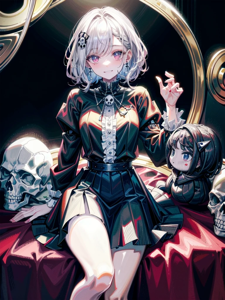 whole body, inside basement, skirt, shirt, long sleeves, frills, smile, creepy, skulls, candle, hair ornament, bone, doll, tapestry, Magic Circle, horror theme, absurdres, RAW photo, extremely delicate and beautiful, masterpiece, Best Quality, ultra high resolution, 32k, hyperrealistic, ultra-detailed, detailed description, pale skin, 20 years old, detailed beautiful face and eyes, tearful mole, earring, Colossal tits, short medium hair, wavy hair,