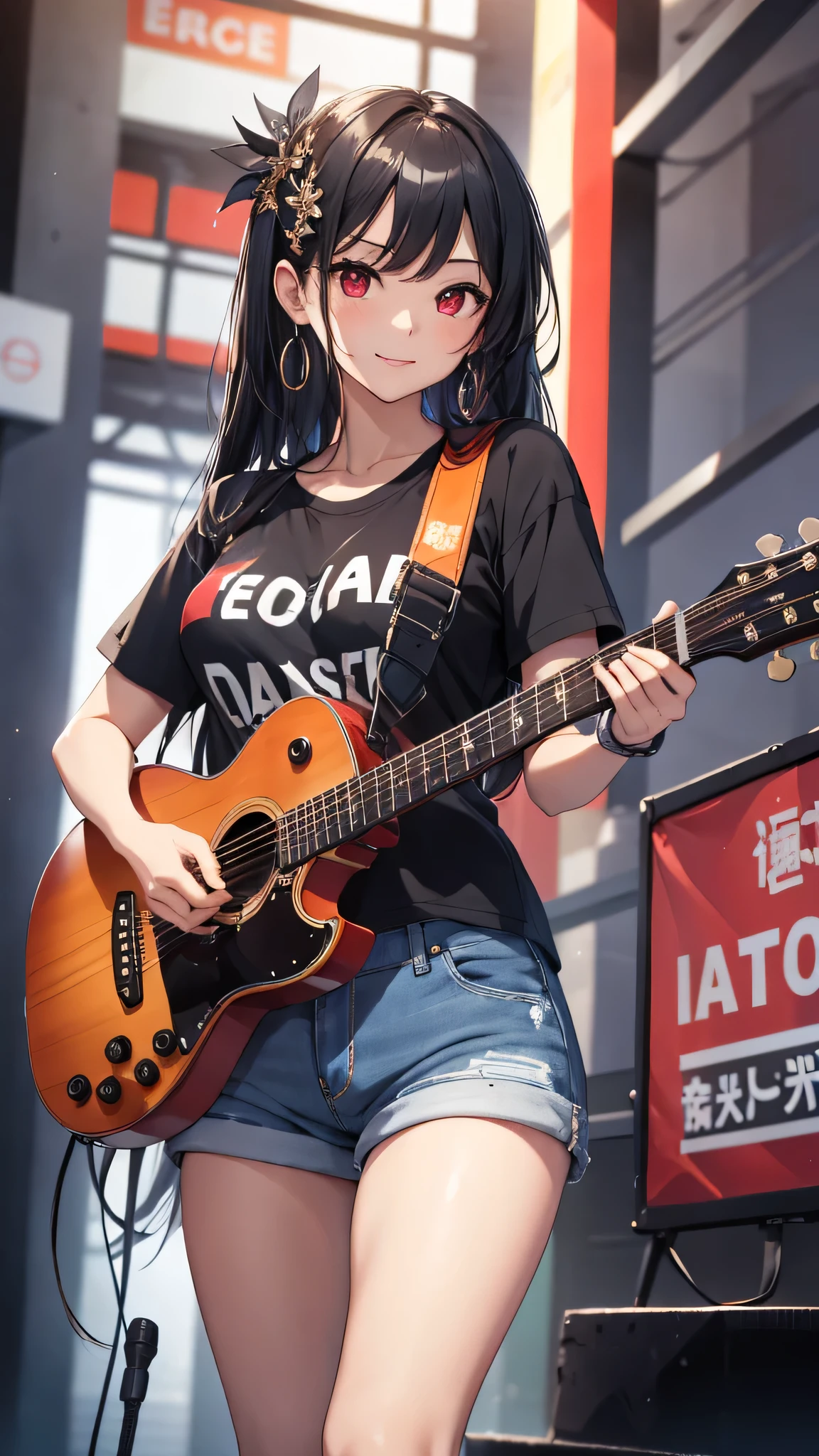 最high quality、Best image quality、masterpiece、girl((18-year-old、 By becoming、Best Bust、Medium Bust,Wide open breast tea、Red glowing eyes,Black Hair、Red Mesh、Disheveled Hair、Lointail、thin,The highest valley、Open chest、Luminous Wristbands、hair ornaments、Show the whole body,Black short sleeve T-shirt、Short denim trousers、Leaning forward、smile、Holding a guitar、Performance、sing)),high quality、Beautiful art、background((Large shopping malls,Square))、Flight、Flying debris、Written boundary depth、movie、Visual Arts、Perfect art、8K,Genuine,