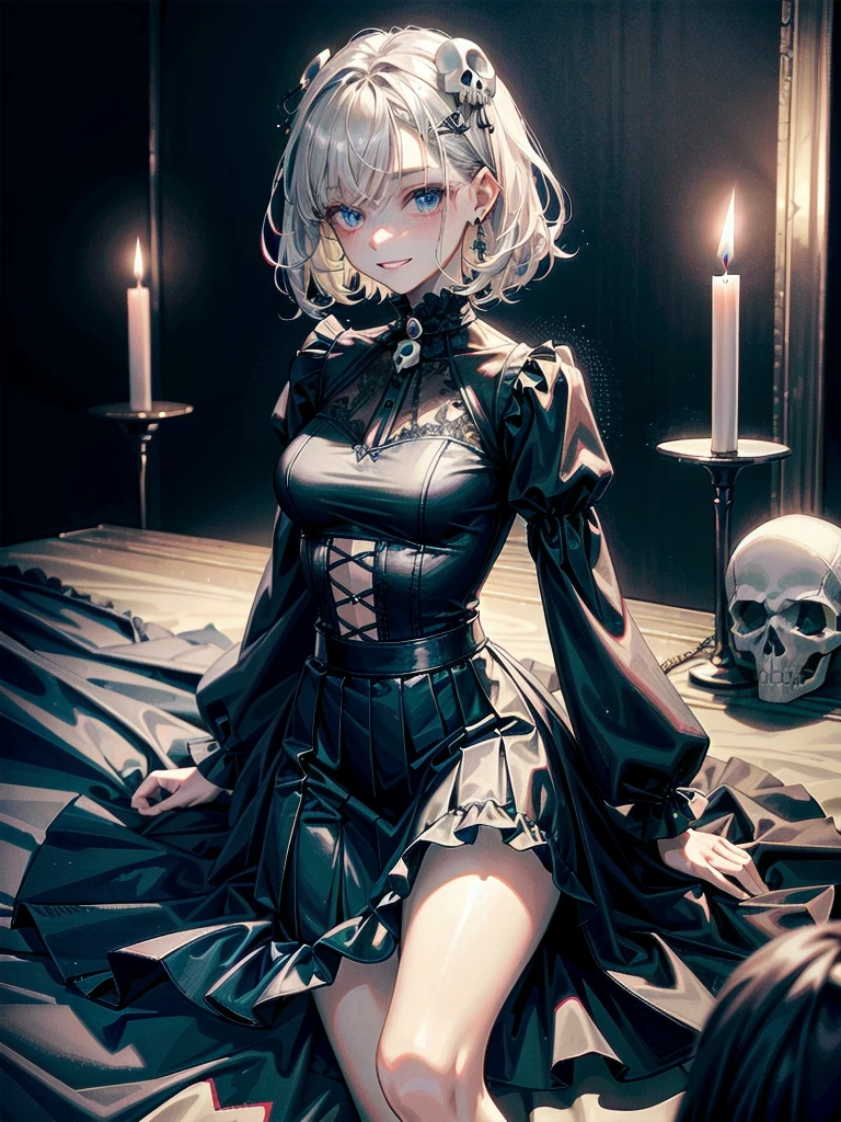 whole body, (inside basement), skirt, shirt, long sleeves, frills, evil grin, creepy, skull, (candles), hair ornament, dolls, tapestry, horror theme, absurdres, RAW photo, extremely delicate and beautiful, masterpiece, Best Quality, ultra high resolution, 32k, hyperrealistic, ultra-detailed, detailed description, pale skin, 20 years old, tearful mole, earring, Colossal tits, short medium hair, wavy hair,