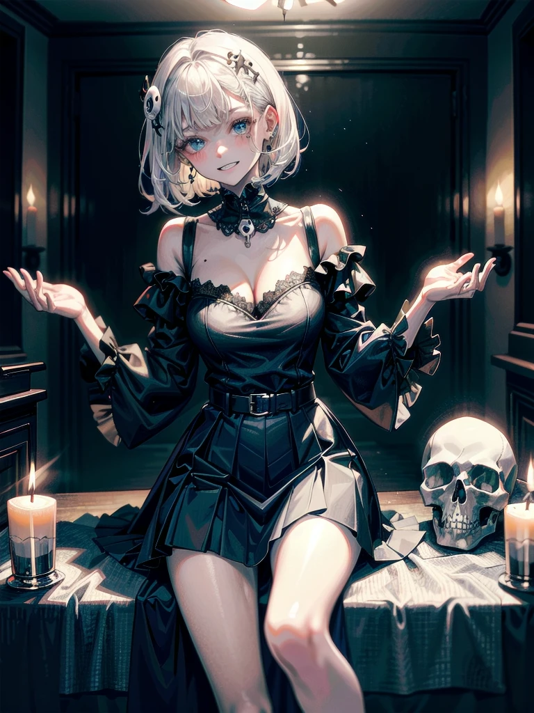 whole body, (inside basement), skirt, shirt, long sleeves, frills, evil grin, creepy, skull, (candles), hair ornament, dolls, tapestry, horror theme, absurdres, RAW photo, extremely delicate and beautiful, masterpiece, Best Quality, ultra high resolution, 32k, hyperrealistic, ultra-detailed, detailed description, pale skin, 20 years old, tearful mole, earring, Colossal tits, short medium hair, wavy hair,