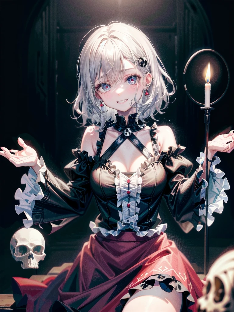 whole body, inside basement, skirt, shirt, long sleeves, frills, evil grin, creepy, skulls, candle, hair ornament, bone, doll, tapestry, Magic Circle, horror theme, Colossal tits, absurdres, RAW photo, extremely delicate and beautiful, masterpiece, Best Quality, ultra high resolution, 32k, hyperrealistic, ultra-detailed, detailed description, pale skin, 20 years old, detailed beautiful face and eyes, tearful mole, earring, Colossal tits, short medium hair, wavy hair,