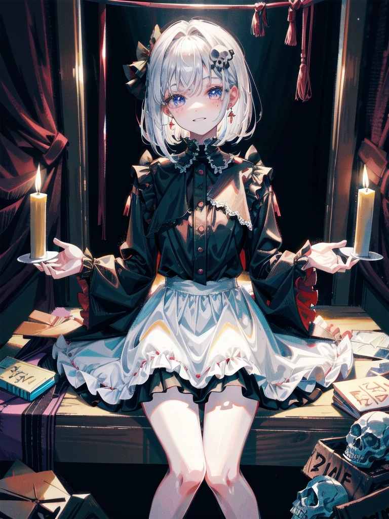 whole body, (inside basement), skirt, shirt, long sleeves, frills, evil grin, creepy, skull, (candles), hair ornament, dolls, tapestry, horror theme, absurdres, RAW photo, extremely delicate and beautiful, masterpiece, Best Quality, ultra high resolution, 32k, hyperrealistic, ultra-detailed, detailed description, pale skin, 20 years old, tearful mole, earring, Colossal tits, short medium hair, wavy hair,