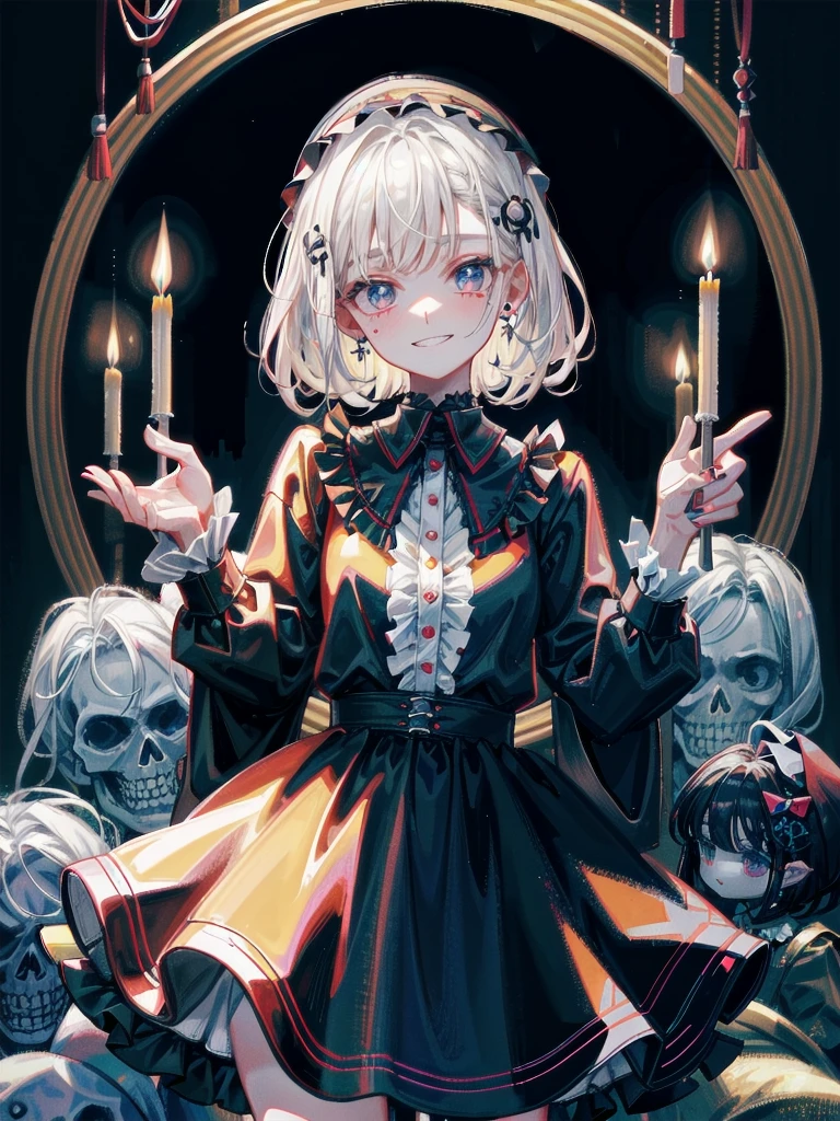 Anime girl with horns and a dress with a skull on it, ((light brown hair))(loli in dress, gothic maiden anime girl, cute anime waifu in a nice dress, anime moe artstyle, anime girl wearing a black dress, nightcore, (anime girl), anime style 4 k, little curvy loli, high quality anime art style, anime girls, demon anime girls