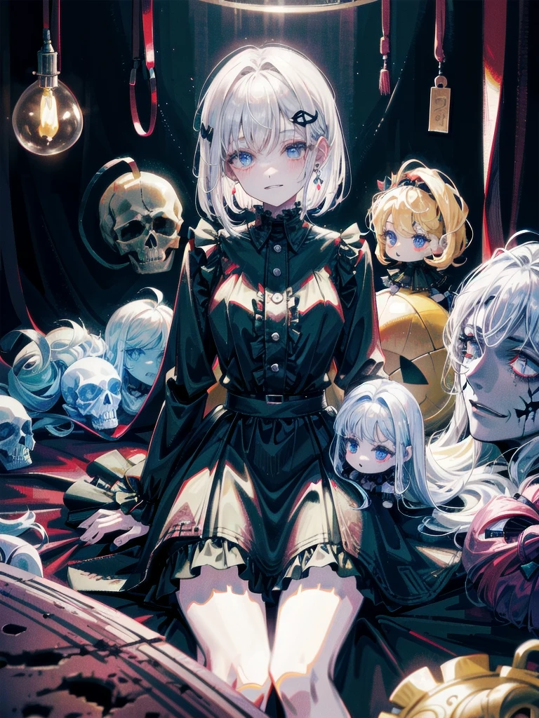whole body, (inside basement), skirt, shirt, long sleeves, frills, evil grin, creepy, skull, (candles), hair ornament, dolls, tapestry, horror theme, absurdres, RAW photo, extremely delicate and beautiful, masterpiece, Best Quality, ultra high resolution, 32k, hyperrealistic, ultra-detailed, detailed description, pale skin, 20 years old, tearful mole, earring, Colossal tits, short medium hair, wavy hair,