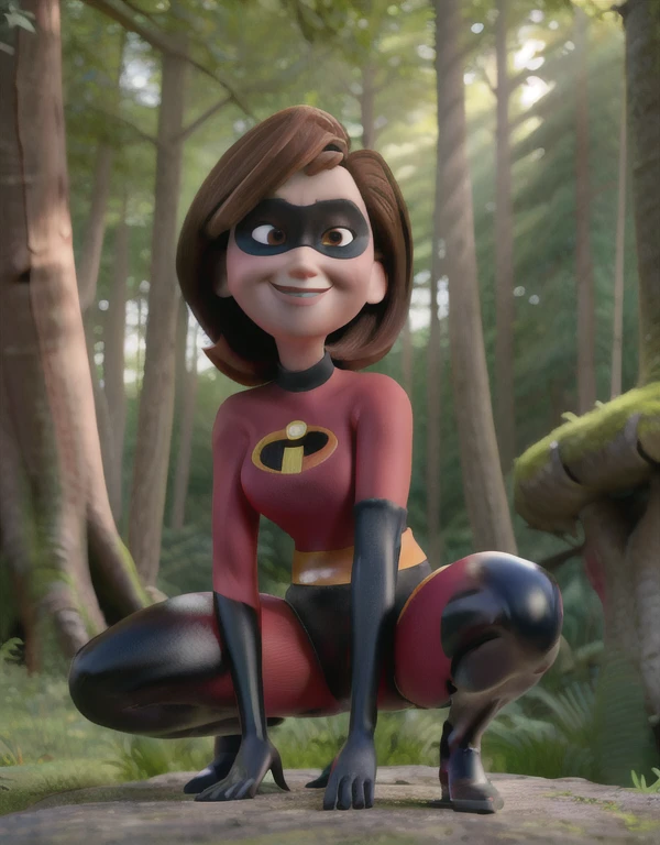 ((best quality)), ((highly detailed)), colourful, masterpiece, absurdres, (detailed eyes, deep eyes), (1girl), upper body}, helenparr, brown hair, brown eyes, smiling, domino mask, mask, bodysuit, black elbow gloves, thighhighs, thigh boots, (outdoors, in a pine_tree forest, morning), squatting, Under view, lean back,