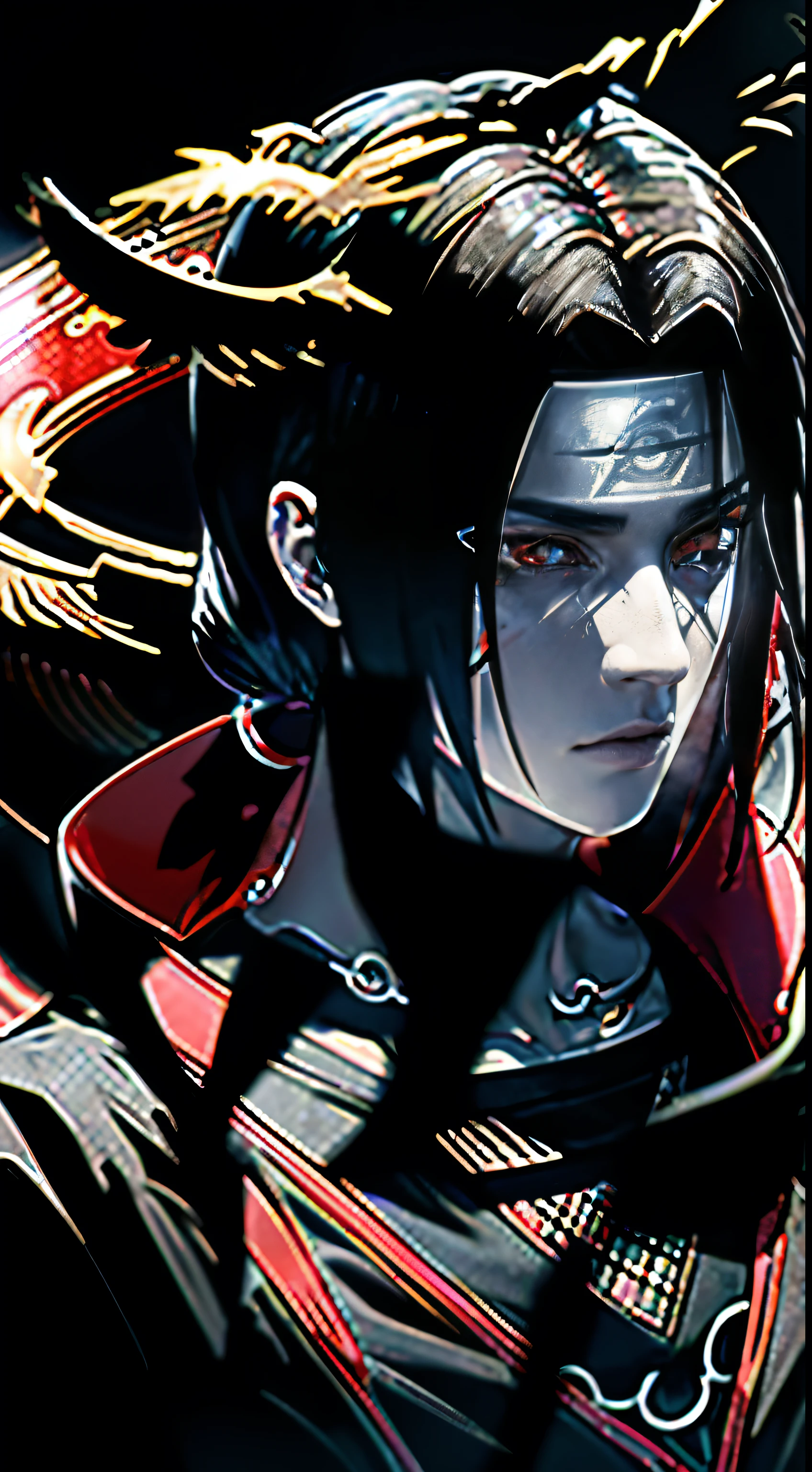 Uchiha Itachi in high resolution, com textura granulada sutil (1.2), enveloped in black smoke. Destacam-se seus cabelos longos e pretos, olhos vermelhos Sharingan brilhantes, e uma capa de gola alta. Ele ostenta joias e um colar, simbolizando seu status. Ao seu redor, the mystical transformation is evident, with crows emerging directly from the black smoke (densidade 1.1) – a reflection of his ninjutsu power. Cada elemento, capturing the enigmatic essence and transformation technique, should be rendered with crisp, realistic detail.