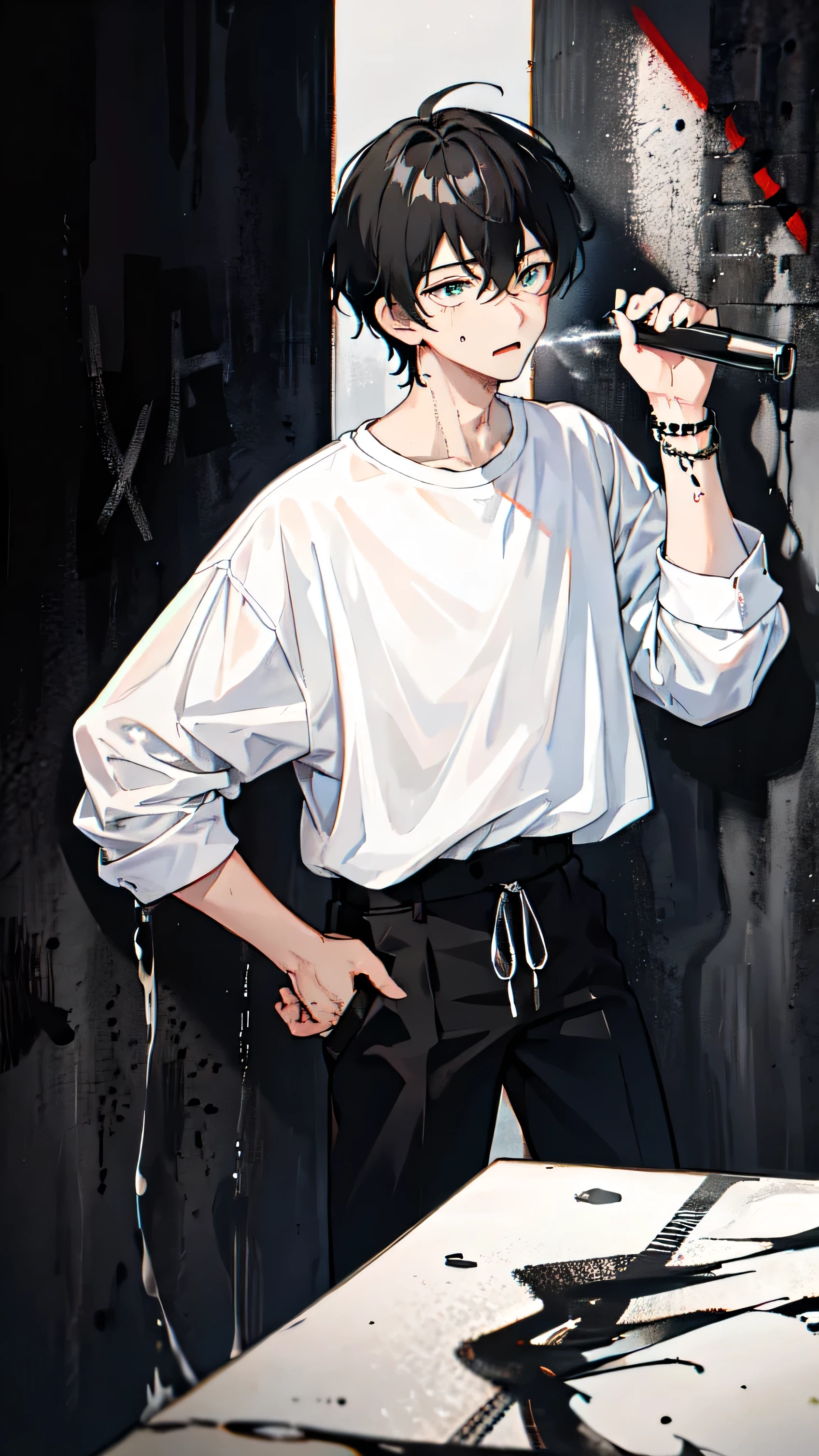 1boy, two block hair, oversize white t-shirt, black bracelet on left hand, dark street, spraying graffiti a number 4 on a wall, dark, aesthetic, cinematic, after rain