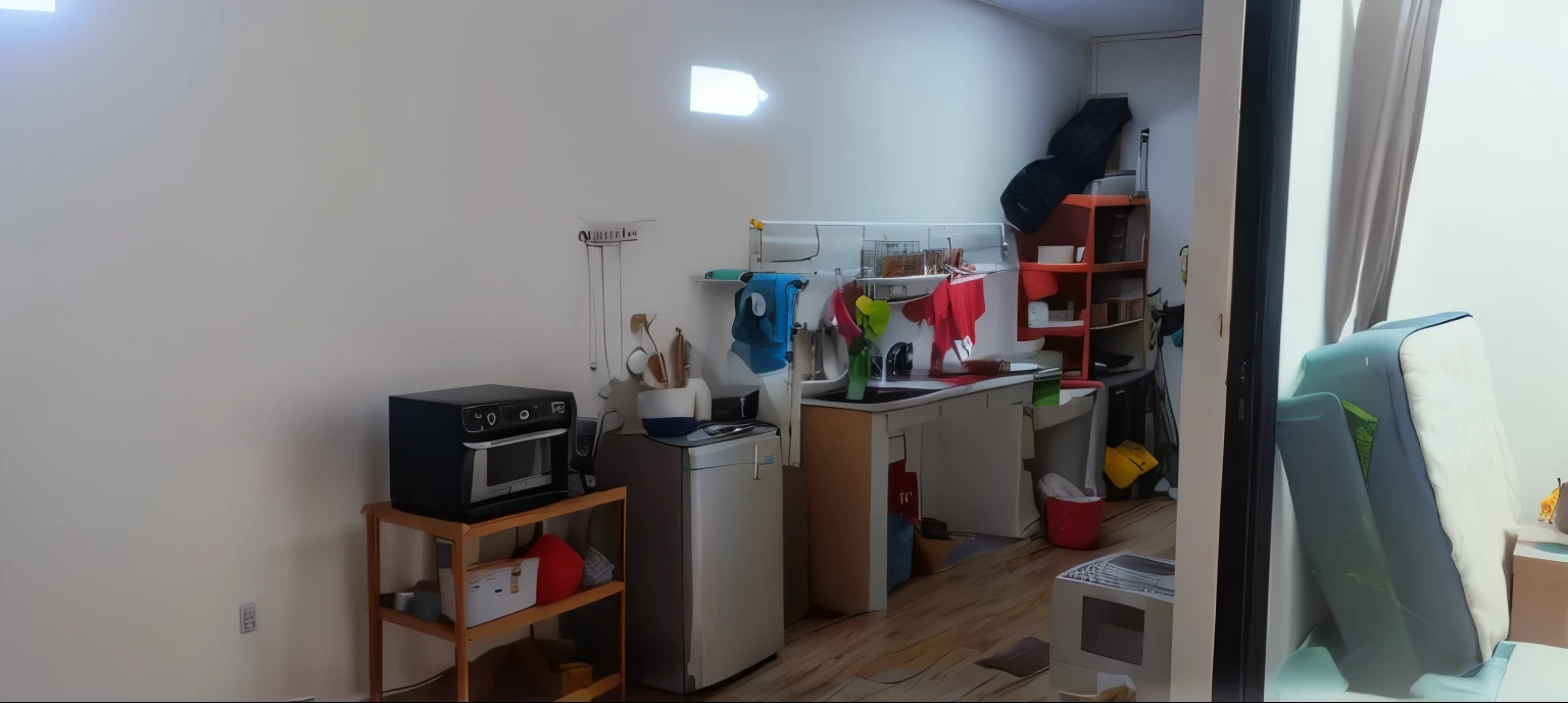 there is a small kitchen with a refrigerator and a microwave, completely filled space, my home, kitchen, office/thrift store/social hall, taken with sony alpha 9, high light on the left, fully functional, hidden area, a wide shot, apartment of an art student, low light room, furnished room, centre image, photo taken from far, a wide full shot