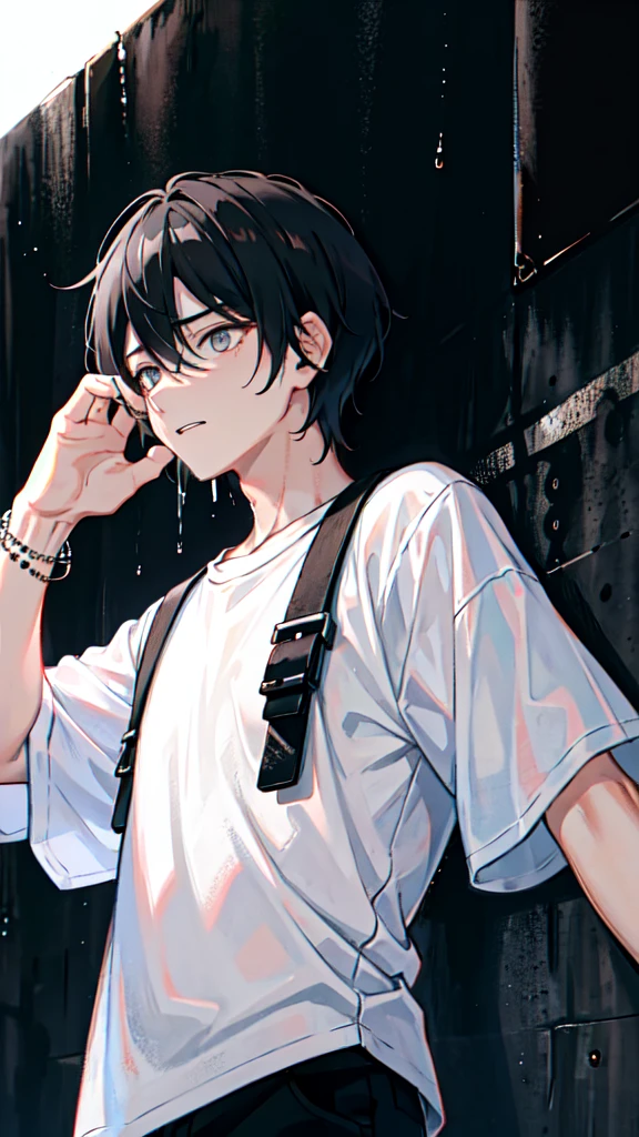 1boy, two block hair, oversize white t-shirt, black bracelet on left hand, dark street, spraying graffiti a number 4 on a wall, dark, aesthetic, cinematic, after rain