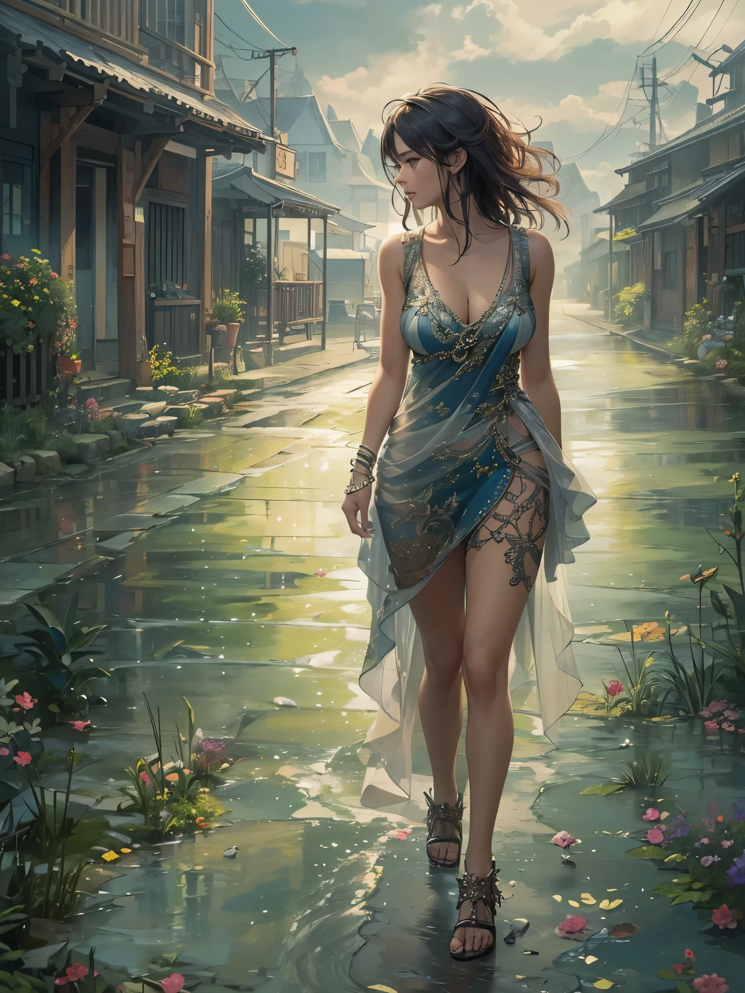 ((highest quality)),(Ultra-high resolution),(Super detailed new),(Detailed Description),((The best CG)),(A masterpiece),Ultra-detailed art,A wonderful new art form,(Art with precise detail:1.5), (Female fashion model:1.6), rain, dusk