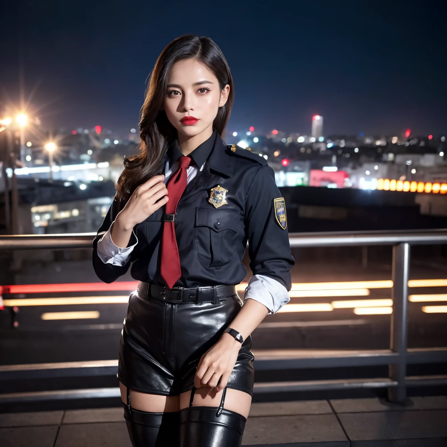 A solo figure in a police uniform, with shiny leather boots andmeas (meas - means "measured" or "measuring" in Portuguese, I assume you meant "stockings" or "tights" in the context), stands against the backdrop of the city lights. The setting sun casts amber hues on the urban landscape, illuminating the evidence of a crime scene or perhaps a routine police check. His expression is intense, with separated lips and striking red lipstick that contrasts against his uniform. His skin is sun-kissed and radiant, poups (poups - means "wrinkles" or "folds" in Portuguese, I assume you meant "gl