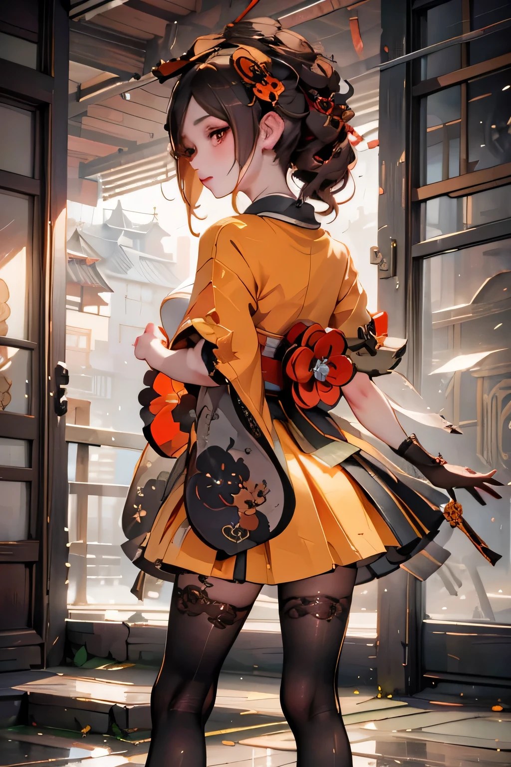 [chiori]:1.5,((masterpiece,highest quality,Highly detailed images,Beautiful images))1.4(chiori images、Edo cityscape、The wind is blowing、Overall dim lighting、Backlight、A fantastic atmosphere、Thick Fog、Dust flutters)1.3,(Close-up image of chiori)1.1、(forearm gloves, lace pantyhose, heelless heels):1.2
