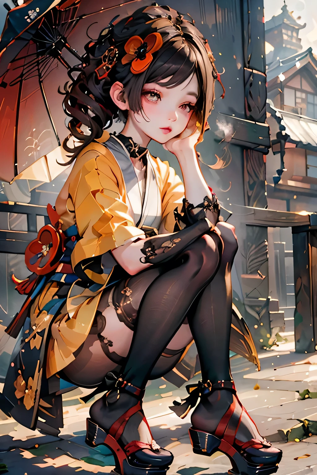 [chiori]:1.5,((masterpiece,highest quality,Highly detailed images,Beautiful images))1.4(chiori images、Edo cityscape、The wind is blowing、Overall dim lighting、Backlight、A fantastic atmosphere、Thick Fog、Dust flutters)1.3,(Close-up image of chiori)1.1、(forearm gloves, lace pantyhose, heelless heels):1.2
