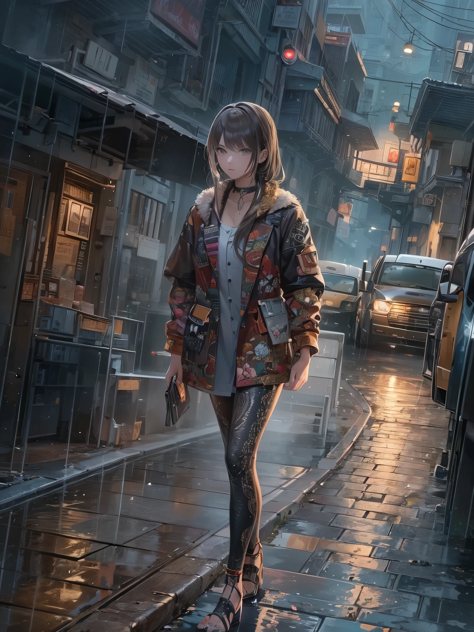 ((highest quality)),(Ultra-high resolution),(Super detailed new),(Detailed Description),((The best CG)),(A masterpiece),Ultra-detailed art,A wonderful new art form,(Art with precise detail:1.5), (Female fashion model:1.6), narrow road, rain
