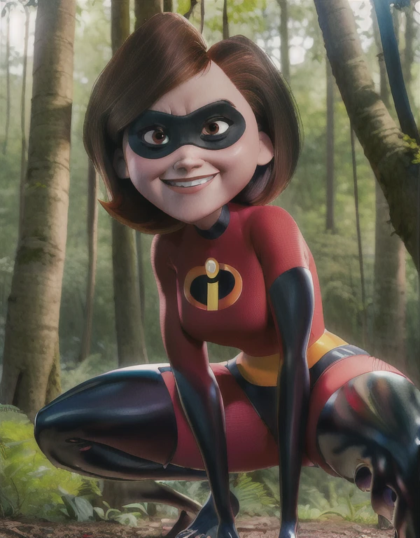 ((best quality)), ((highly detailed)), colourful, masterpiece, absurdres, (detailed eyes, deep eyes), (1girl), upper body}, helenparr, brown hair, brown eyes, smiling, domino mask, mask, bodysuit, black elbow gloves, thighhighs, thigh boots, (outdoors, in a pine_tree forest, morning), squatting, Under view, lean back,