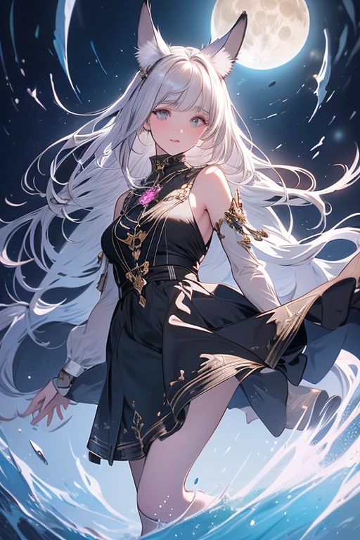 Best image quality, Excellent details, Ultra-high resolution, (realism: 1.4), Best illustrations,Delicate and beautiful features,Line art, Sharp eyes, Very condensed adult female,Dog ears,tail,Silver Hair,Fantasy,The background is a full moon and wilderness,Vision,wide aperture,Unreal 5,Scattered beneath the surface,Low angle full body shot