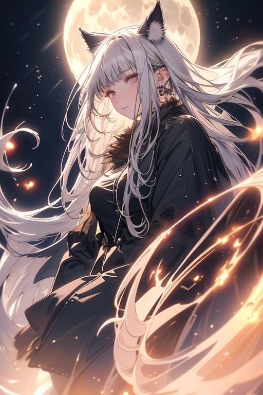 Best image quality, Excellent details, Ultra-high resolution, (realism: 1.4), Best illustrations,Delicate and beautiful features,Line art, Sharp eyes, Very condensed adult female,Dog ears,tail,Silver Hair,Fantasy,The background is a full moon and wilderness,Vision,wide aperture,Unreal 5,Scattered beneath the surface,Low angle full body shot