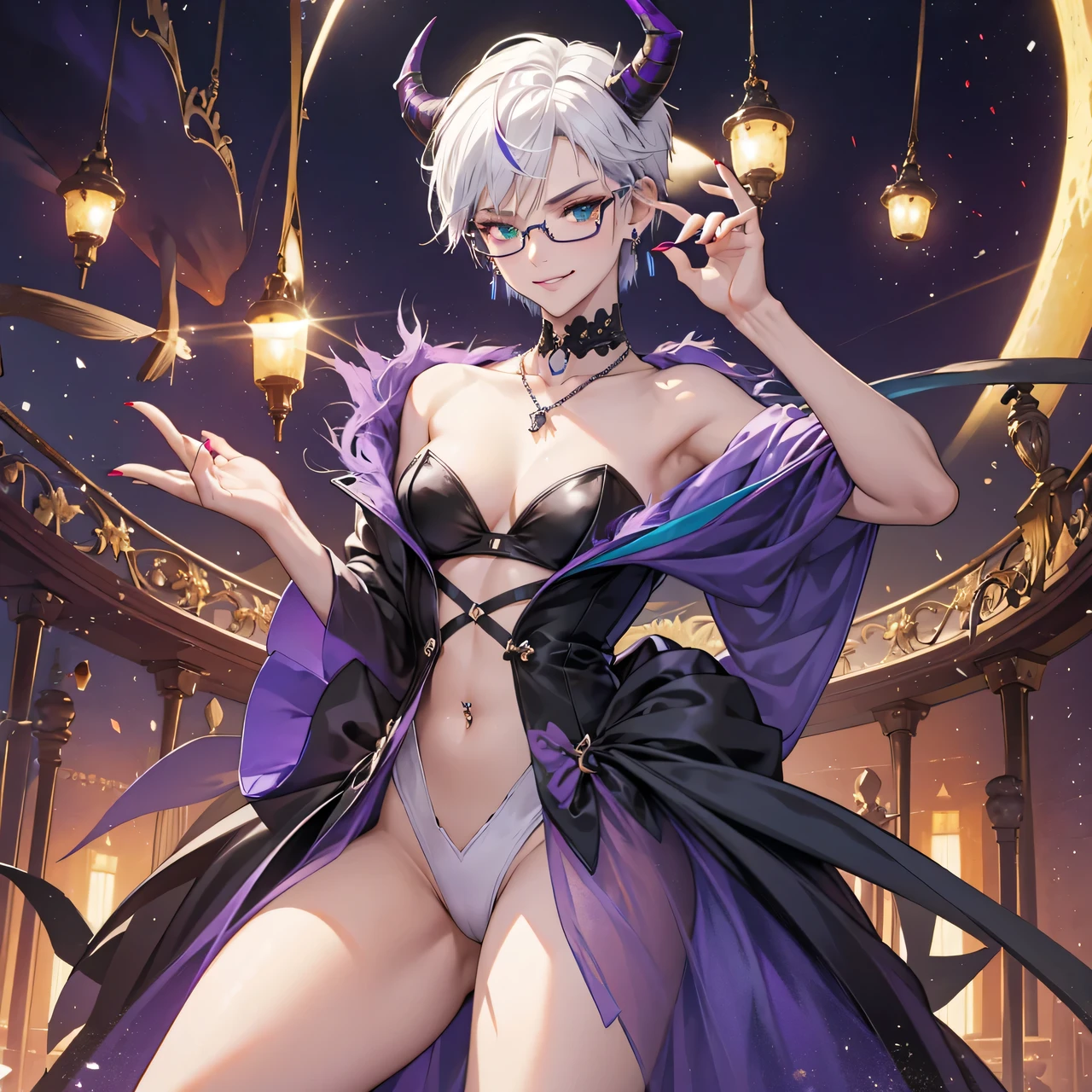 8k, masterpiece, best quality, highly detailed, 1girl, tiefling, warlock, multicolored hair, very short straight hair green highlight hair on white hair, strippled hair, wearing glasses, round glasses, earrings, necklace, navel piercing, collarbone, high heels, mole, glamorous, teal and purple clothing, villainy, smirk, seductive pose, close ups view, rings, looking at viewer, standing, demon horns, gala, midnight, blue moon, ballroom, aesthetic, hand touching chin, red nails, solo.