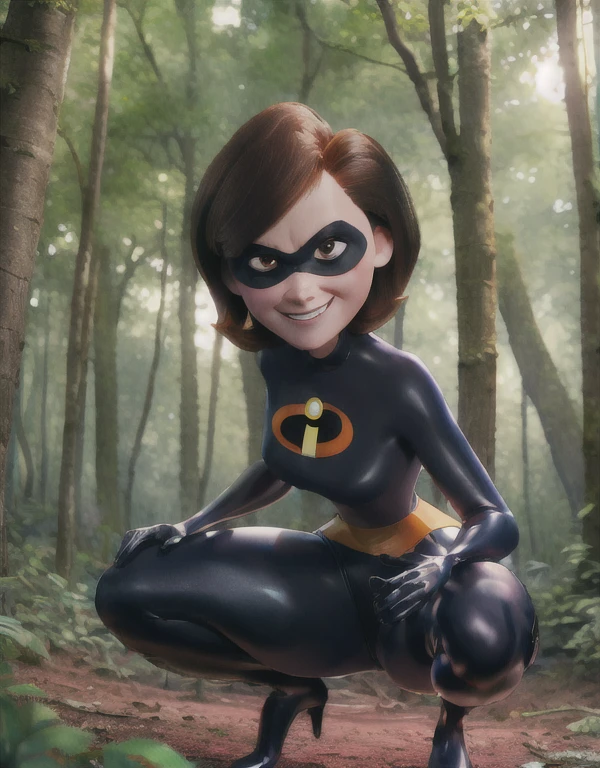 ((best quality)), ((highly detailed)), high colourful, masterpiece, absurdres, (detailed eyes, deep eyes), (1girl), upper body}, helenparr, brown hair, brown eyes, smiling, domino mask, mask, bodysuit, black elbow gloves, thighhighs, thigh boots, (outdoors, in a pine_tree forest, morning), squatting, Under view, lean back,