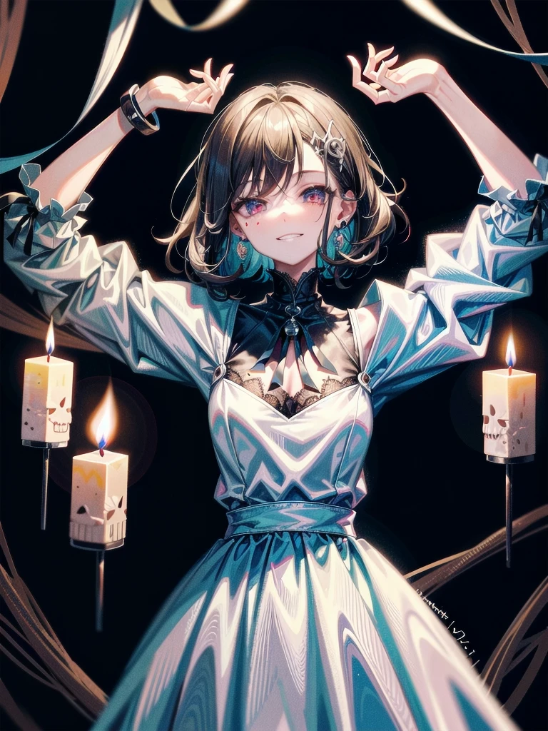 whole body, (inside basement), skirt, shirt, long sleeves, frills, evil grin, creepy, candles, hair ornament, (dolls), tapestry, horror theme, absurdres, RAW photo, extremely delicate and beautiful, masterpiece, Best Quality, ultra high resolution, 32k, hyperrealistic, ultra-detailed, detailed description, pale skin, 20 years old, tearful mole, earring, Colossal tits, short medium hair, wavy hair, 