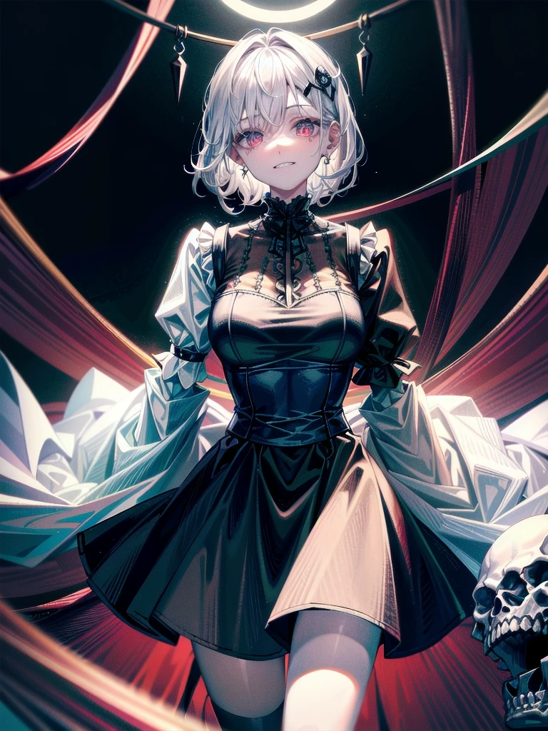 whole body, (inside basement), skirt, shirt, long sleeves, frills, evil grin, creepy, (candles), hair ornament, skeleton dolls, tapestry, horror theme, absurdres, RAW photo, extremely delicate and beautiful, masterpiece, Best Quality, ultra high resolution, 32k, hyperrealistic, ultra-detailed, detailed description, pale skin, 20 years old, tearful mole, earring, Colossal tits, short medium hair, wavy hair,
