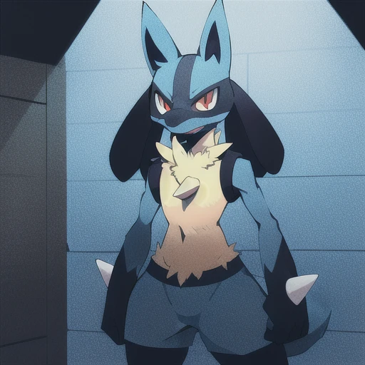 lucario standing in a yellow wood wall, detailed,  red eyes, spikes, soft smile, ambient lights, teeth, wolf, medium muzzle, pokemon, blue fur