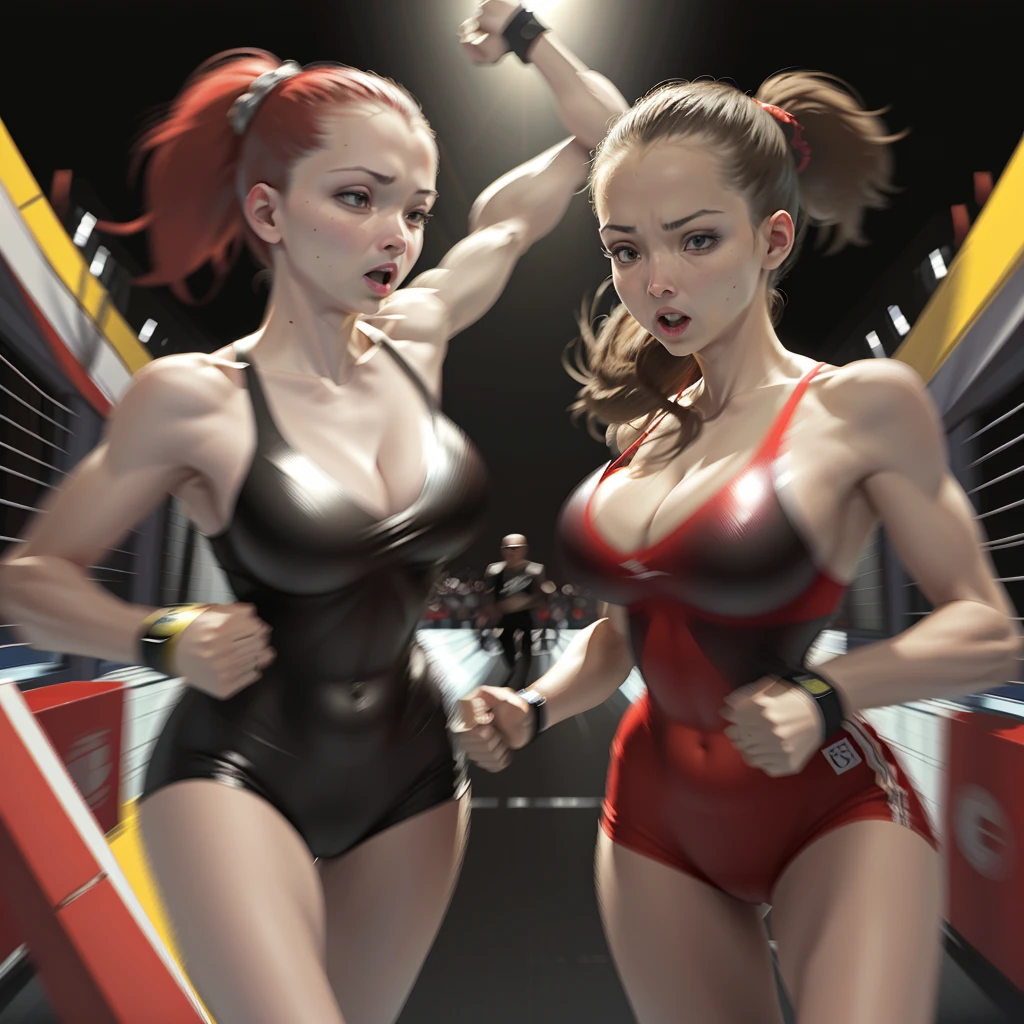 (best quality,4k,highres,masterpiece:1.2),ultra-detailed,(realistic:1.37) A pair of cute, athletic, exotically dressed with bright colors, Japanese women, wrestle each other in a stadium wrestling ring,under the dazzling lights. The women have intricate face paint and wear vibrant costumes that showcase their individuality. They have (long, flowing hair), and their eyes are (expressive and captivating:1.1). The ring is surrounded by cheering spectators who are on the edge of their seats, adding to the atmosphere of excitement. The stadium is filled with top-notch studio lighting that highlights every muscle and movement of the wrestlers. The scene is depicted in a (striking, vibrant:1.1) art style, with intense colors that enhance the energy and fierceness of the wrestling match. The lighting casts dramatic shadows and emphasizes the power and determination of the wrestlers. The women exhibit exceptional strength and agility as they engage in various (graceful balletic movements) and (powerful throws). The intensity of their match is enhanced by the use of (slow motion techniques). The entire scene exudes a sense of (jaw-dropping athleticism and elegance) as the women showcase their skill and passion for the sport.