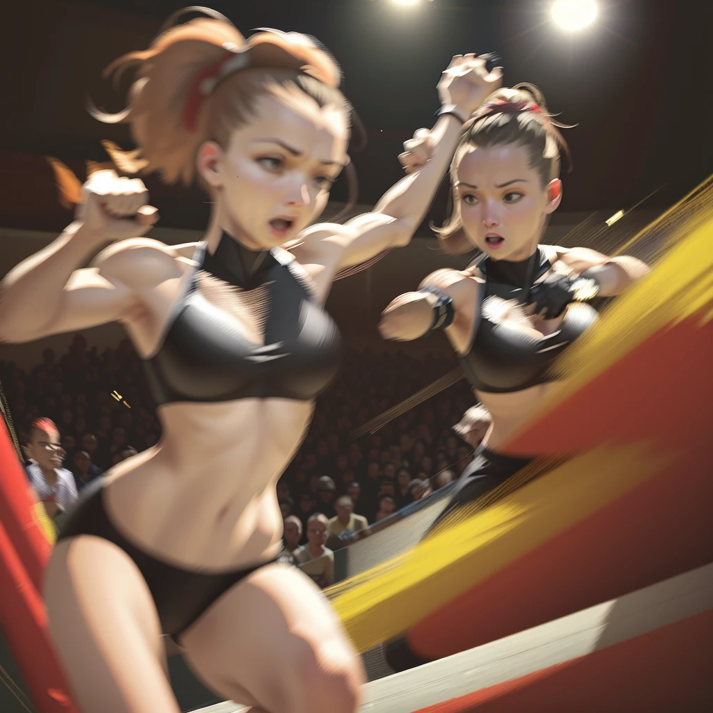 (best quality,4k,8k,highres,masterpiece:1.2),ultra-detailed,realistic,best quality lighting,portraits,fun,energetic,studio lighting,fast-paced action,powerful punches,colorful background,intense expressions,athletic bodies,cute and fierce in equal measure,vivid colors,strong and determined fighters,animated motion,exciting atmosphere,striking poses,fast and dynamic moves,sharp focus,impactful strikes,high-speed camera,adrenaline rush,crowd cheering,women's empowerment,[foxy boxing],active and lively,eye-catching moments,competitive spirit,action-packed fight,high-stakes battle,impressive athleticism,ring presence,high-intensity,emotions running high,vibrant and engaging,fierce competition,expressive eyes,experienced fighters,hair in motion,powerful movements,captivating facial expressions,dynamic angles,forceful blows,masterful footwork,attention to detail,enthusiastic audience,exhilarating sports event